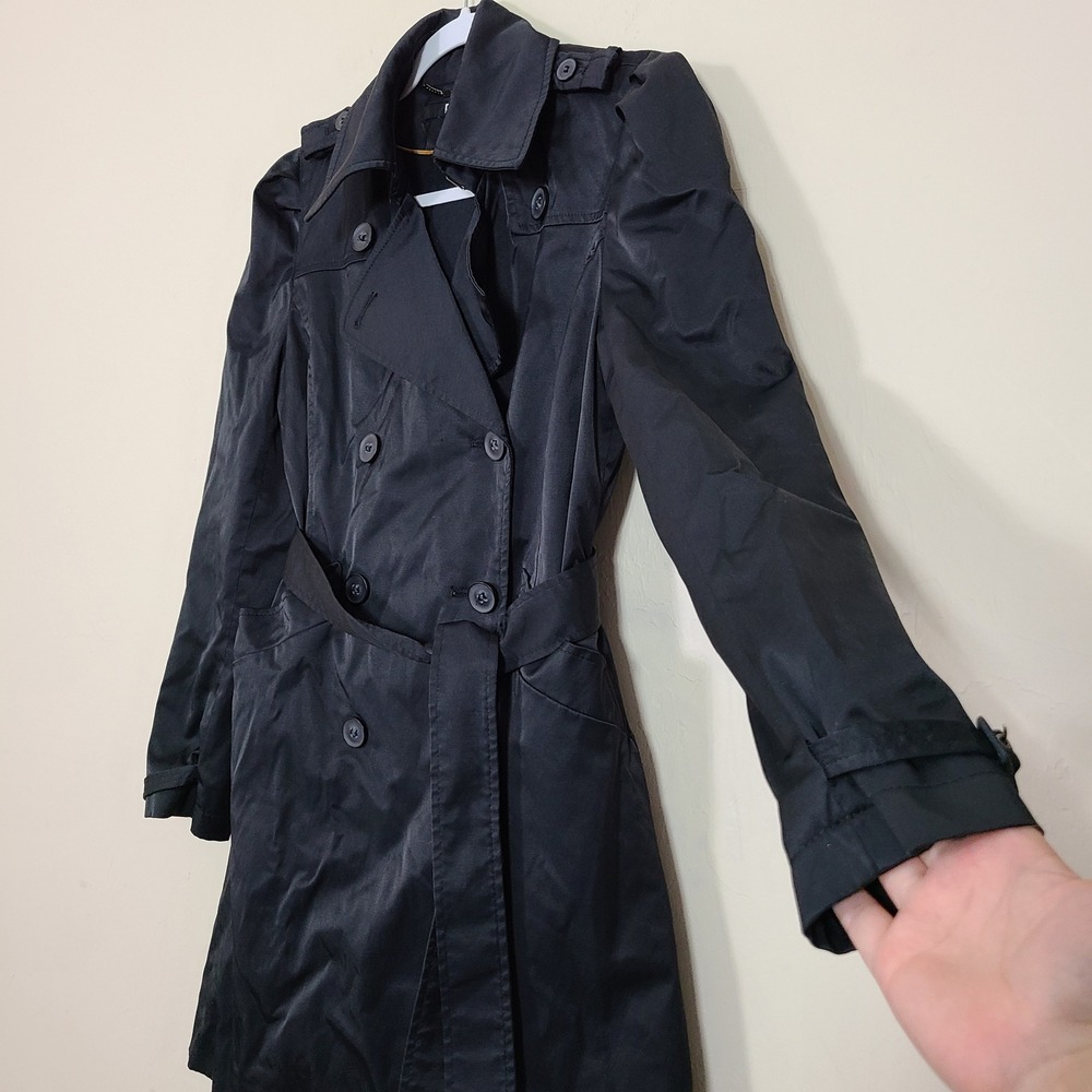 DKNY Black Trench Rain Coat S Lined Belted Pleated Casual Streetwear Fleur Noire - Picture 2 of 15